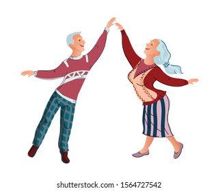 Cheerful, bright, active, in love, gray-haired elderly couple. An old man and an old woman dancing holding hands. Stock flat illustration. Isolated image on a white background. Vector graphics.