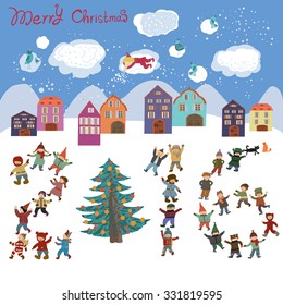 Cheerful bright cartoon card with girls and boys and a Christmas tree, mountains, small houses. The figures in 2016 are laid out figures of children.