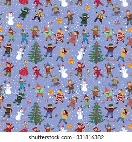 Cheerful bright cartoon pattern with children and Christmas tree, an owl, a snowman, gifts, girls and boys.