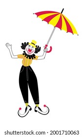 Cheerful bright clown in cartoon style and doodle. The clown is holding an umbrella. Drawn in yellow, red, black and white. Stock vector illustration isolated on white background.