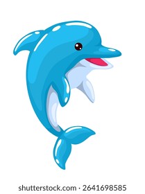 Cheerful bright dolphin jumping out of the water. Vector children's illustration in kawaii style. Isolated on a white background. Hand drawing, not AI.