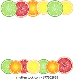 Cheerful, bright frame of circles of citrus fruits: orange, lemon, grapefruit, lime. Greeting card background