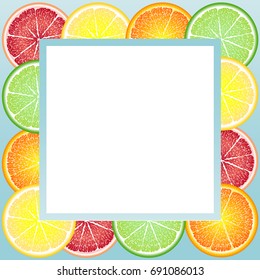 Cheerful, bright frame of circles of citrus fruits: orange, lemon, grapefruit, lime. Greeting card background