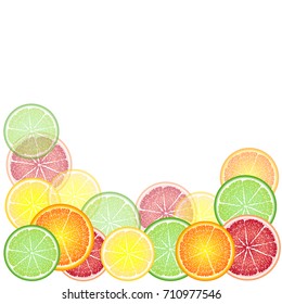 Cheerful, bright frame of circles of citrus fruits: orange, lemon, grapefruit, lime. Greeting card background