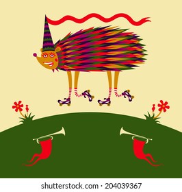 Cheerful bright hedgehog character in a clown suit