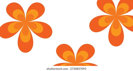 Una ilustración alegre y brillante con múltiples flores estilizadas de color naranja con pétalos en capas, creando un patrón animado y decorativo contra un fondo blanco limpio.
