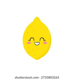 Cheerful bright lemon citrus fruit, happy smiling face, cute cartoon character, emotions joy delight, symbol of summer, kawaii style, icon vector children's illustration.