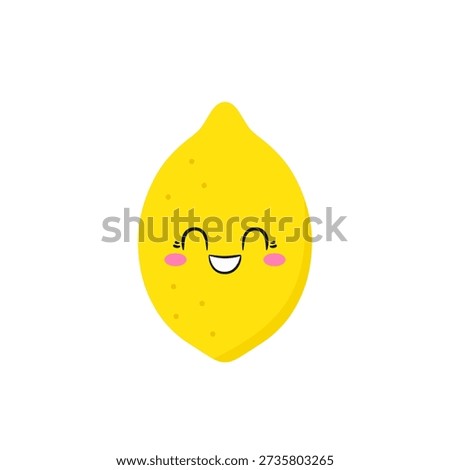 Cheerful bright lemon citrus fruit, happy smiling face, cute cartoon character, emotions joy delight, symbol of summer, kawaii style, icon vector children's illustration.