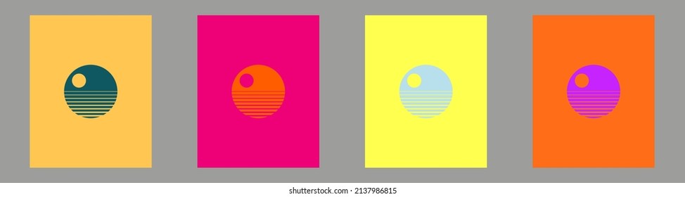 Cheerful, bright minimalist abstract background of the stylized sun over the sea. In four color variants. For wall decoration, postcards, posters, brochures, stickers, illustrations, pictures
