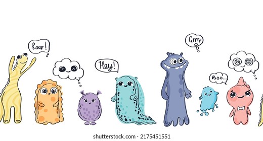 Cheerful bright monsters with thought clouds seamless border. Vector horizontal banner on a white background.
