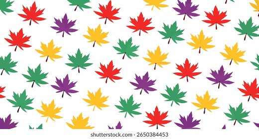 A cheerful and bright pattern featuring stylized maple leaves in four distinct colors, creating a playful and decorative visual.