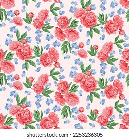 Cheerful, bright peonies decorate a pale coral background.  This seamless pattern would go easily on pillows, bedspreads, etc.