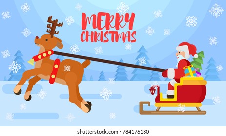 cheerful bright Santa is carrying gifts on a snow-covered forest with a deer in a flat style