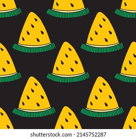 Cheerful and bright slice of yellow watermelon. Summer design with bright fruit. Abstract in hand-drawn doodle style. Vector creative fruit texture. Great for fabric, textile, paper and printing.