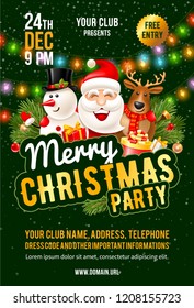 Cheerful and bright template design for Christmas party. Fun company Santa Claus, Snowman and reindeer. Space for your text. Vector illustration. 