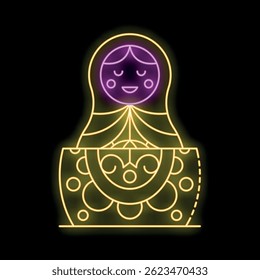 Cheerful, brightly colored neon sign depicting a traditional russian nesting doll with intricate floral patterns