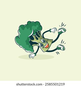 A cheerful broccoli cartoon character is breakdancing, showcasing a healthy and fun lifestyle.