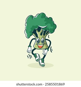 A cheerful broccoli cartoon character is depicted dancing energetically in athletic shoes.