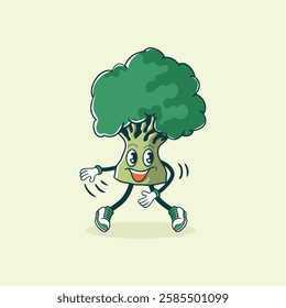 A cheerful broccoli cartoon character joyfully dances wearing sneakers.