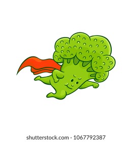 Cheerful broccoli character flying in super hero pose with red cape. Funny green vegetable cute healthy organic food full of vitamins. Cartoon hand drawn plant with arms, legs. Vector illustration