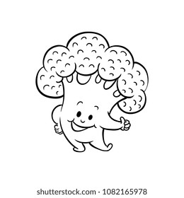 Cheerful broccoli character showing thumbs up gesture by fingers. Funny vegetable cute healthy organic food full of vitamin. Cartoon smiling plant with arms, legs. Vector monochrome illustration