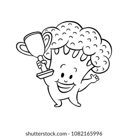 Cheerful broccoli character with winner golden cup trophy. Funny vegetable cute healthy organic food full of vitamins. Cartoon smiling plant with arms, legs. Vector monochrome illustration