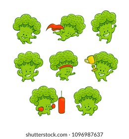 Cheerful broccoli characters set. Funny green sportive vegetables collection, cute healthy organic food full of vitamins. Cartoon smiling hand drawn plant with arms, legs. Vector illustration