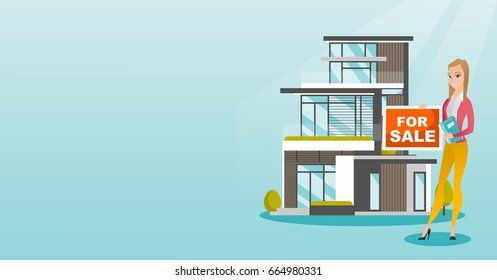 Cheerful broker offering the house. Young smiling caucasian broker with placard for sale and documents in hands standing on the background of house. Vector flat design illustration. Horizontal layout.