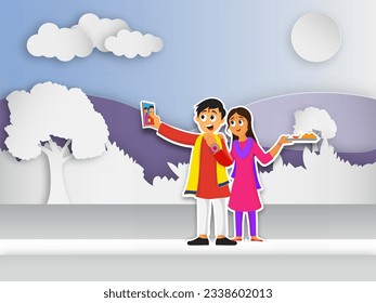 Cheerful Brother and Sister Taking Selfie After Celebrating Raksha Bandhan Festival in Sticker Style on Paper-Art Nature Landscape Background.