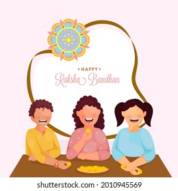 Cheerful Brother And Sisters Enjoying Sweets (Laddu) Together On The Occasion Of Raksha Bandhan Festival.