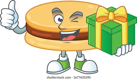 Cheerful brown alfajor cartoon character holding a gift box