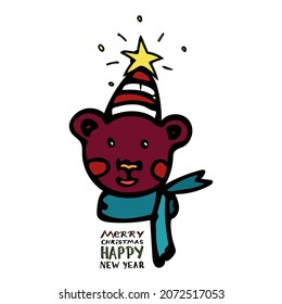 Cheerful brown bear with a blush smiles in a red and white hat and a green scarf in a cartoon style with lettering Merry Christmas and Happy New Year. Vector illustration for children s book, postcard