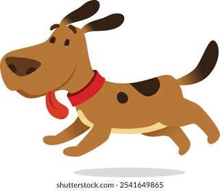 Cheerful brown and beige dog with red collar running with tongue out in cartoon illustration, set against white background