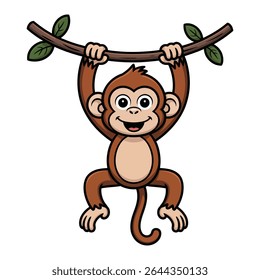 A cheerful brown cartoon monkey with a big smile hangs from a brown branch with green leaves against a white background The style is simple and playful