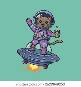 Cheerful brown cat in a white space uniform.