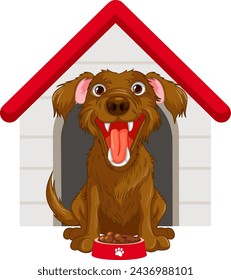Cheerful brown dog sitting inside its red-roofed house