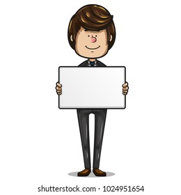 cheerful brown haired businessman, dark suit dress, aquamarine tie and brown shoes holding a white board to add text, on white background