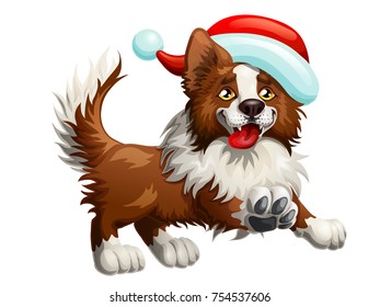 The cheerful brown puppy of a Border Collie and red cap. A yellow dog a symbol 2018 new years according to the Chinese calendar. A cartoon vector illustration isolated on white.