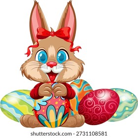 Un conejo marrón alegre con un lazo rojo se sienta entre varios huevos de Pascua estampados
