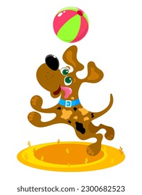 Cheerful brown spotted dog playing with a ball in the meadow. Vector illustration isolated on white background