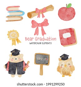 Cheerful brown teddy bear in the graduation cap. Print, template, design element