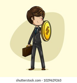 cheerful brown-haired businessman, dressed in dark suit, aquamarine tie and brown shoes standing holding a shield made of a coin