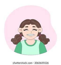 Cheerful brown-haired girl with braces. Vector illustration of a smiling kid. Cartoon-style picture on pink background