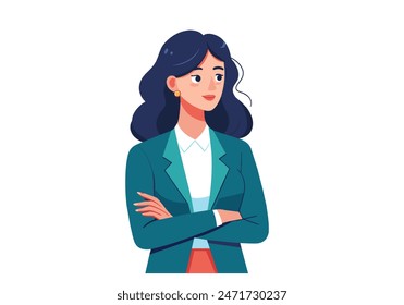 Cheerful brunette business woman student in white button up shirt, smiling confident and cheerful with arms folded. vector cartoon style  illustrator