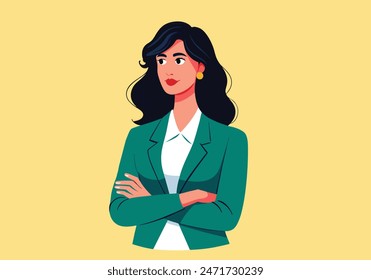 Cheerful brunette business woman student in white button up shirt, smiling confident and cheerful with arms folded. vector cartoon style  illustrator