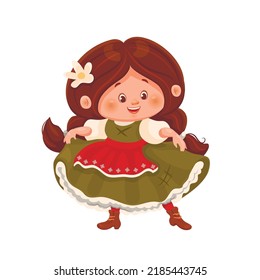 A cheerful brunette with long braids in a green dress and an embroidered apron is about to dance. Cartoon vector character in national clothes, leather shoes. eps 10