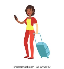 Cheerful brunette woman standing with travel suitcase. Colorful cartoon character