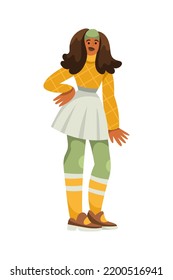 Cheerful Brunette Women In Retro 1960s Clothes Standing With Arms Akimbo. Mid-century Modern Fashion. Trendy Vintage Outfit. Checkered Blouse, Mini Skirt, Knee Socks. Smiling Character