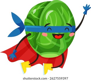 Cheerful Brussels sprout wearing a superhero costume with a red cape, blue mask, and yellow boots is joyfully flying and waving, embodying health and fun