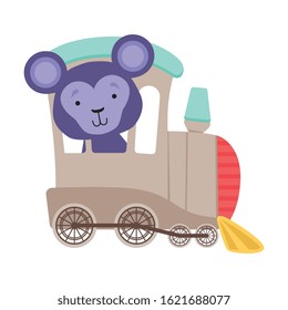 Cheerful Bucket Ears Monkey Driving Toy Wheeled Train Vector Illustration